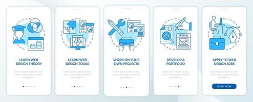 Becoming web designer blue onboarding mobile app screen. Walkthrough 5 steps editable graphic instructions with linear concepts. UI, UX, GUI template. vector