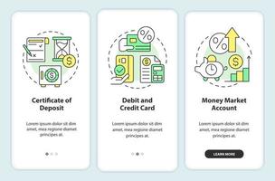 productos bancarios que incorporan la pantalla de la aplicación móvil. tutorial de finanzas instrucciones gráficas editables de 3 pasos con conceptos lineales. interfaz de usuario, ux, plantilla de interfaz gráfica de usuario. vector