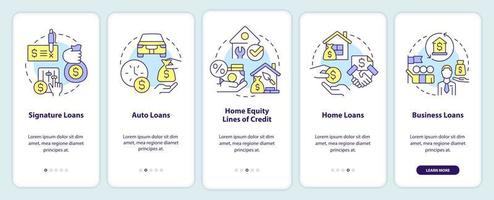 Loans types onboarding mobile app screen. Banking service walkthrough 5 steps editable graphic instructions with linear concepts. UI, UX, GUI template. vector