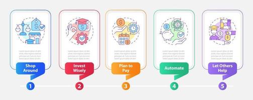 ahorro para la plantilla de infografía de rectángulo de consejos universitarios. dinero. visualización de datos con 5 pasos. gráfico de información de línea de tiempo editable. diseño de flujo de trabajo con iconos de línea. vector