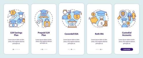 pantalla de aplicación móvil de incorporación de tipos de cuenta para ahorros universitarios. tutorial 5 pasos instrucciones gráficas editables con conceptos lineales. interfaz de usuario, ux, plantilla de interfaz gráfica de usuario. vector