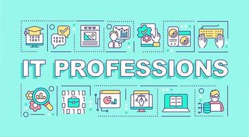 IT professions word concepts turquoise banner. Computer science. Infographics with editable icons on color background. Isolated typography. Vector illustration with text.