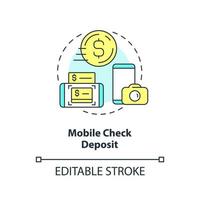 Mobile check deposit concept icon. Online access to savings. Digitization banking abstract idea thin line illustration. Isolated outline drawing. Editable stroke. vector