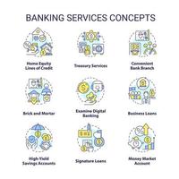 Banking services concept icons set. Financial operations system. Money protection idea thin line color illustrations. Isolated symbols. Editable stroke. vector