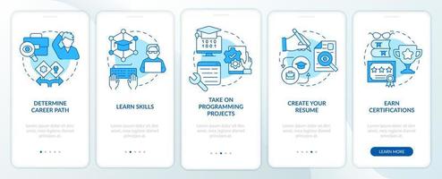 Steps to become software engineer blue onboarding mobile app screen. Walkthrough 5 steps editable graphic instructions with linear concepts. UI, UX, GUI template. vector