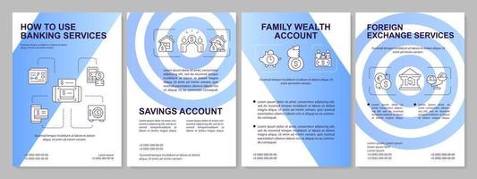 Offers of bank blue brochure template. Financial service. Leaflet design with linear icons. Editable 4 vector layouts for presentation, annual reports.