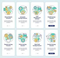 Saving accounts types onboarding mobile app screen set. Money walkthrough 4 steps editable graphic instructions with linear concepts. UI, UX, GUI template. vector