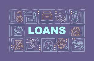 Loans word concepts dark purple banner. Banking products for customers. Infographics with editable icons on color background. Isolated typography. Vector illustration with text.