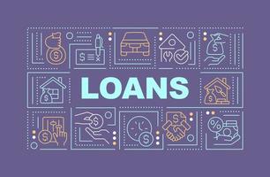 Loans word concepts dark purple banner. Banking products for customers. Infographics with editable icons on color background. Isolated typography. Vector illustration with text.