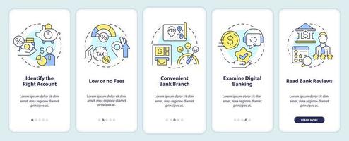 elija la pantalla de la aplicación móvil de incorporación del banco. Tutorial de beneficios para el cliente Instrucciones gráficas editables de 5 pasos con conceptos lineales. interfaz de usuario, ux, plantilla de interfaz gráfica de usuario. vector