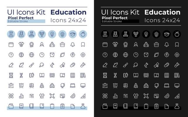 Distance education pixel perfect linear ui icons set for dark, light mode. Elearning. Outline isolated user interface elements for night, day themes. Editable stroke.