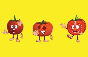 tomate de dibujos animados con muchas expresiones faciales, manos y piernas. vector