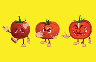 tomate de dibujos animados con muchas expresiones faciales, manos y piernas. vector