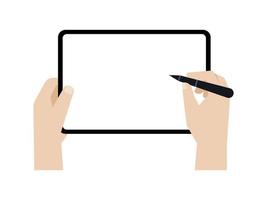 Hand holding a big screen tablet while use stylus pencil, Vector. vector