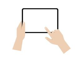 Hand holding a big screen tablet in horizontal and touch on screen, Vector. vector