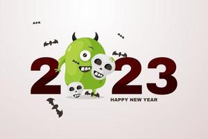 feliz año nuevo 2023 con monstruo ilustración de fondo de halloween vector