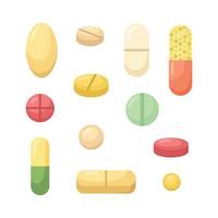 Vector set of illustrations of tablets and capsules.