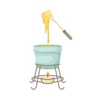 Vector illustration of cheese fondue with baguette pieces.