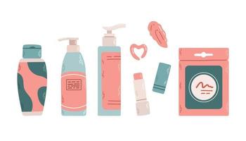 Set with beauty products. Skin, eyes, lips cosmetics and accessories. Flat graphic vector illustration isolated on white background