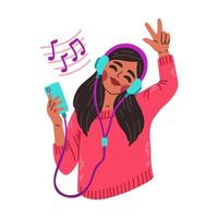 Girl in earphones and headphones, listening to music and dancing. Happy girl using audio player isolated on white background. Flat cartoon vector illustration.