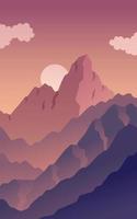 Vector landscape, sunset scene in nature with mountains and forest, silhouettes of trees and hills in the evening. Vector illustration