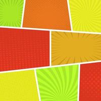 Colorful comic book page background in pop art style. Empty template with rays and dots pattern. Vector illustration