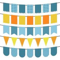 Colorful flags and bunting garlands for decoration. Decor elements with various patterns. Vector illustration