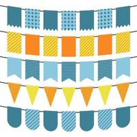 Colorful flags and bunting garlands for decoration. Decor elements with various patterns. Vector illustration