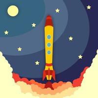 Space rocket launch. Vector illustration with flying rocket. Space travel. Project development. Creative idea,