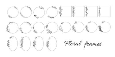 Big set of geometric vector floral frames. Borders decorated with hand drawn delicate flowers, branches, leaves, blossom. Vector illustration