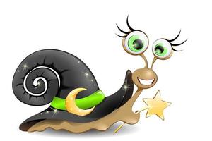 Funny cartoon snail girl with witch hat shell and shiny moon belt. vector