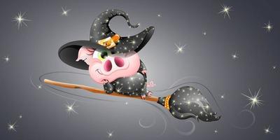 Funny cute lying on broom and flying on it cartoon witch pig. vector