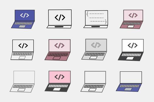 set of computer coding laptop flat icon illustration vector
