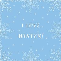 Hello Winter handlettering inscription on a blue background. Winter logos and emblems for invitation, greeting card, t-shirt, prints, posters. Hand drawn winter inspiration phrase. Vector illustration