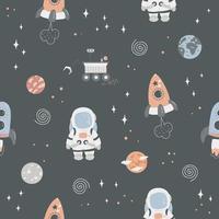 Vector space seamless pattern. Cute color background with astronaut, spaceship, mars rover, rocket, planets, stars in outer space