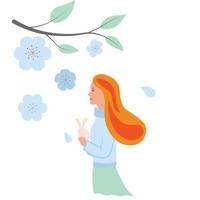 Spring mood. The girl admires the flowering of the apple tree. vector