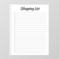 Shopping list template. Planner page. Lined and numbered paper sheet. Blank white notebook page isolated on grey. Stationery for organization and planning. Gift list. vector