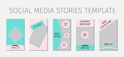 Social media stories template. Set of 5 layout for story for bloggers and SMM. Mint green and pink pastel color palette. Editable web banners for mobile application. vector