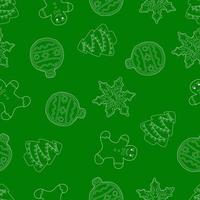 patrón sin costuras de navidad. imágenes de contorno sobre un fondo verde. patrón de galleta de jengibre vector