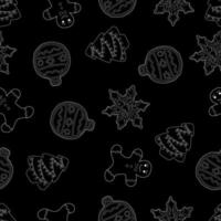 patrón sin costuras de navidad. imágenes de contorno sobre un fondo negro. patrón de galleta de jengibre vector