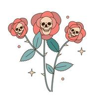 Skull flowers with roses petals surrounding the cranium. Human skull portrait with floral Halloween metaphor. Vector 70s retro boho illustration isolated on white background.