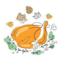 Baked turkey for Thanksgiving Day liner drawing vector illustration.Traditional food.Thanksgiving Turkey or Fried chicken with berries rosemary sprigs and autumn leaves Minimal art drawing.