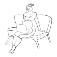 Pregnant woman with laptop sitting on sofa Line drawing isolated vector illustration.Pregnant woman using laptop,black and white sketch