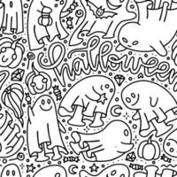 Seamless pattern with doodle illustration of ghosts on a white background with hand drawn lettering word. Black line vector illustration.