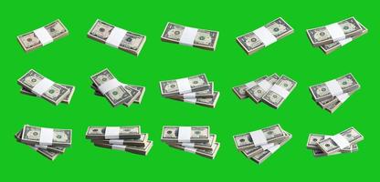 Big set of bundles of US dollar bills isolated on chroma key green. Collage with many packs of american money with high resolution on perfect green background photo