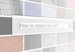 Visualization of the search bar on the background of a collage of many pictures with fragments of various types of roofing close up. How to replace the roof photo