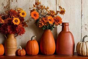 Autumn decor on a wooden shelf against a white wooden background. flowers of fall colors, pumpkins. 3d illustration. photo