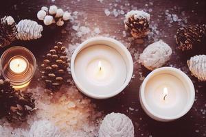3d illustration of burning candles with pine cones and bath salt. photo