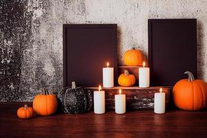 3d illustration of halloween decoration, place holder, copy space, photo frame, burning candles, pumpkins