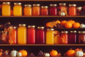 estante lleno de mermeladas de otoño, frutas y calabazas, ilustración 3d, patrón sin fisuras. foto